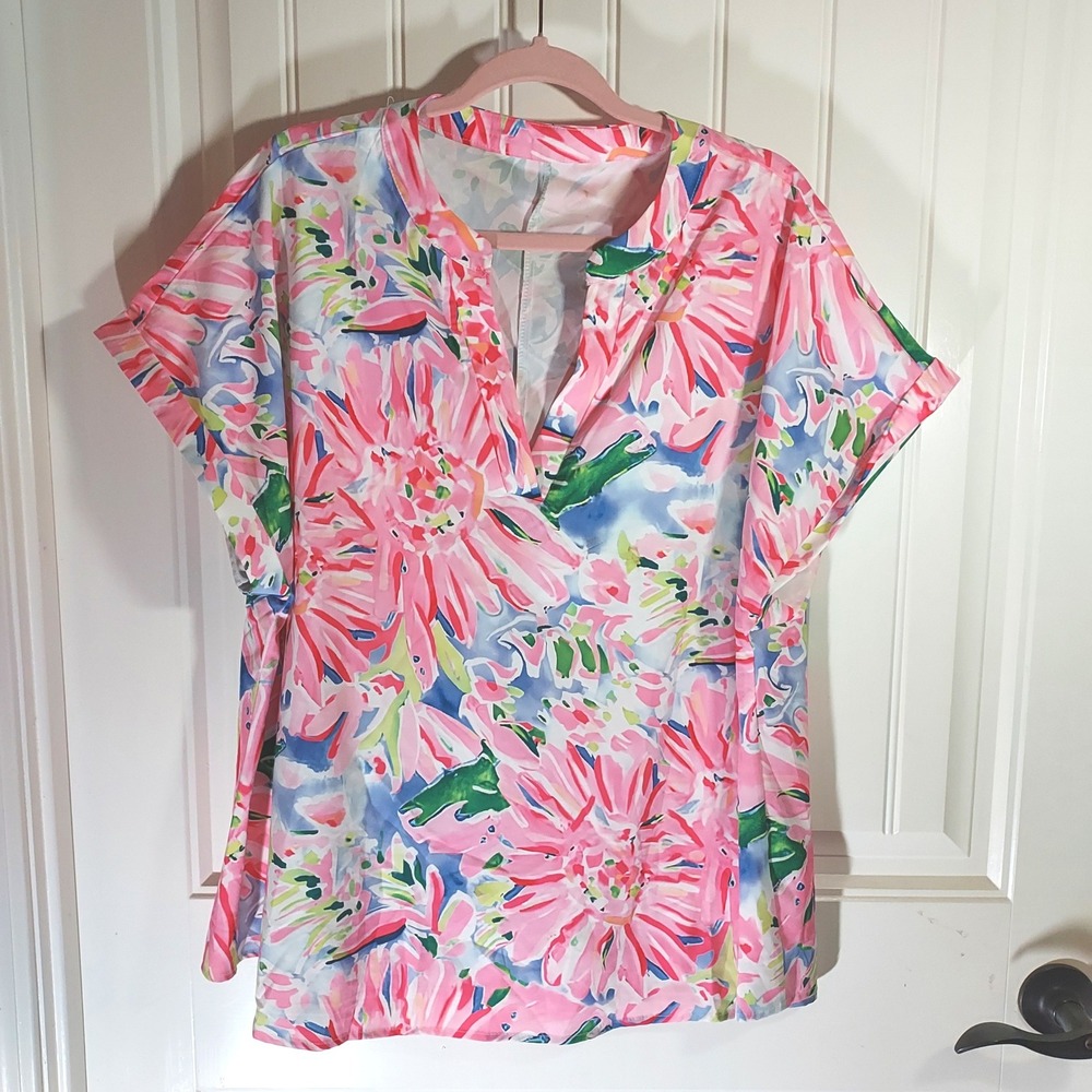 Shein Curve V-Neck Floral Tunic Women 2XL Pink Blue Short Dolman Plus Blouse
